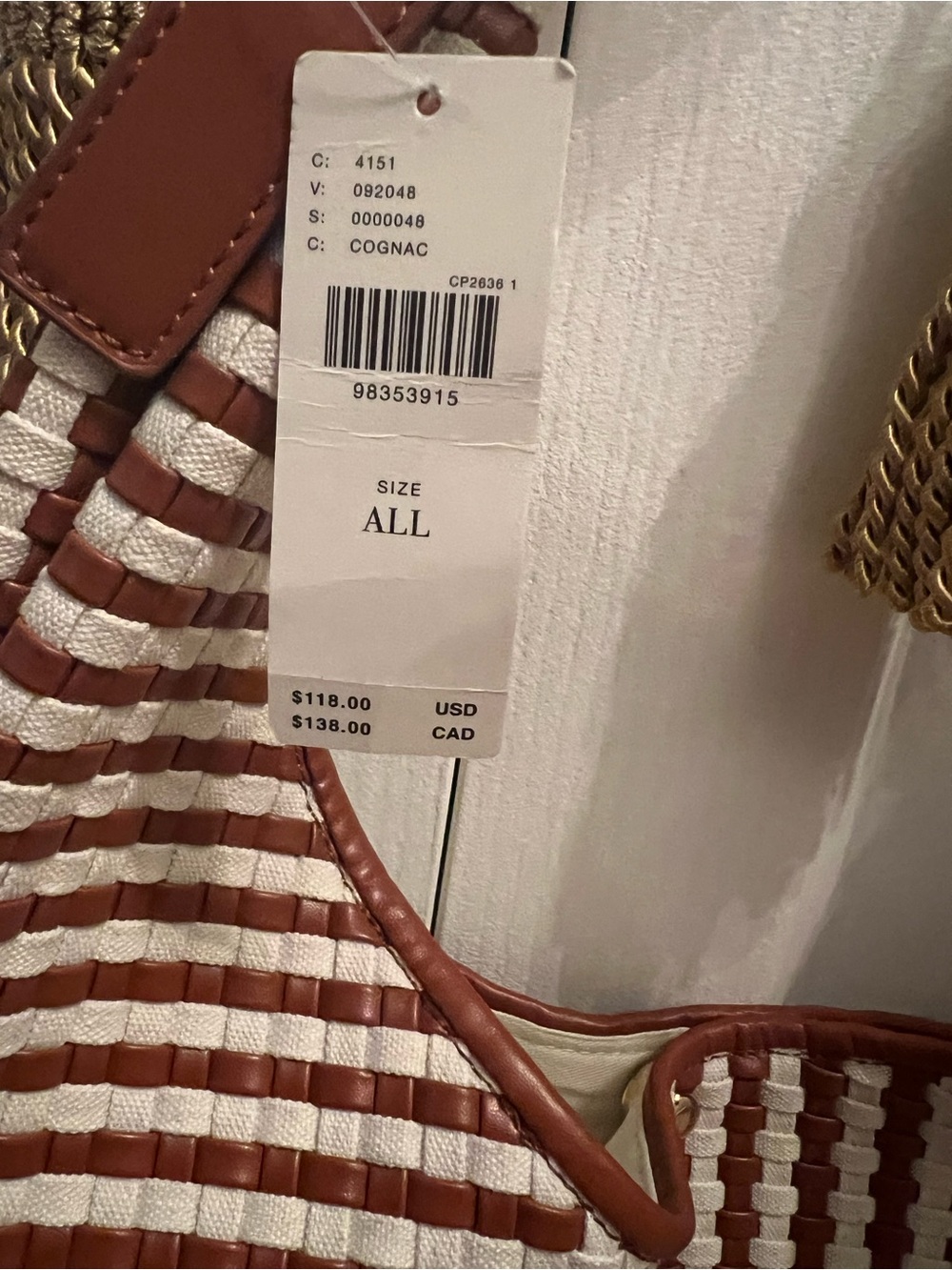 Anthropologie Woven Brown & White Hobo Tote Bag - Picture 3 of 3